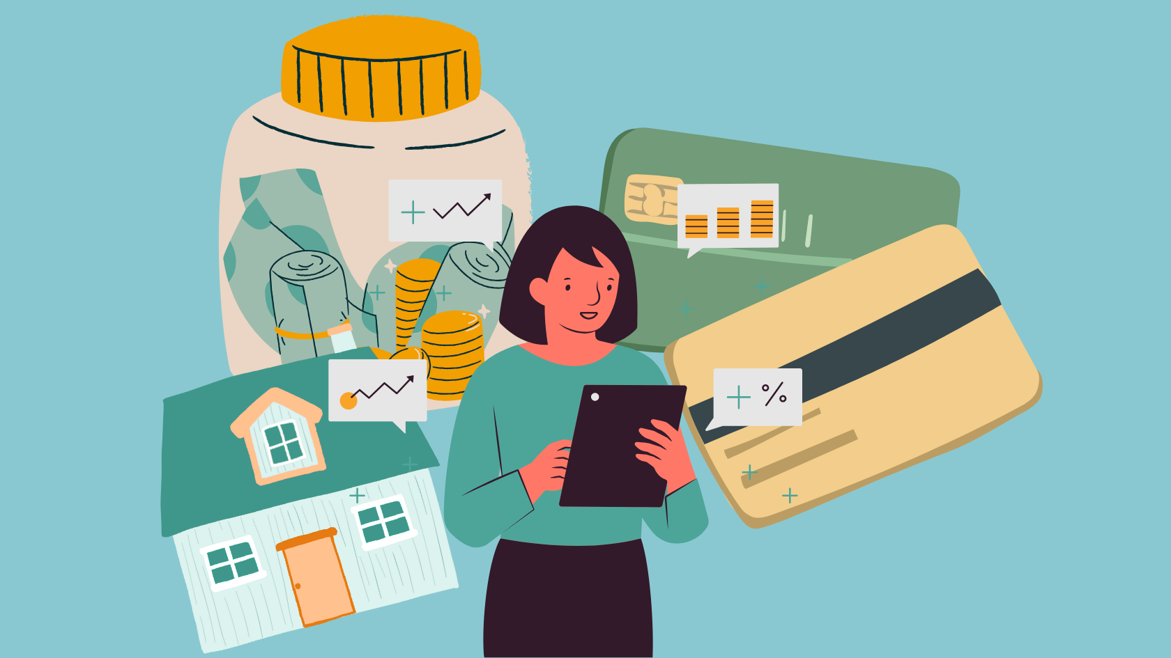 Develop mortgage strategy - a cartoon woman looks at a tablet with a house, jar of savings and credit cards behind her