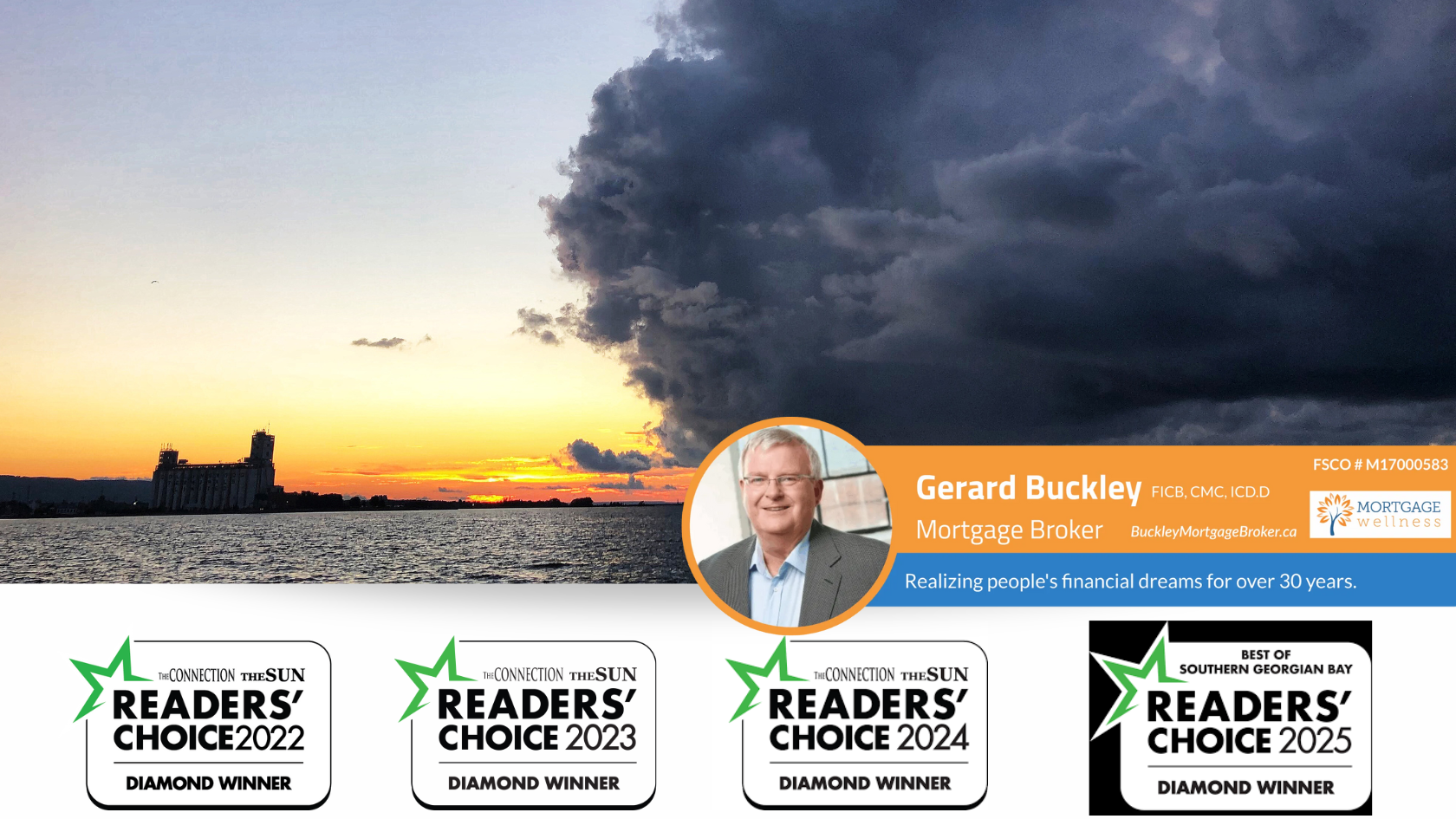 A cloud approaches the collingwood terminals at sunset and underneath four years of readers choice awards are displayed