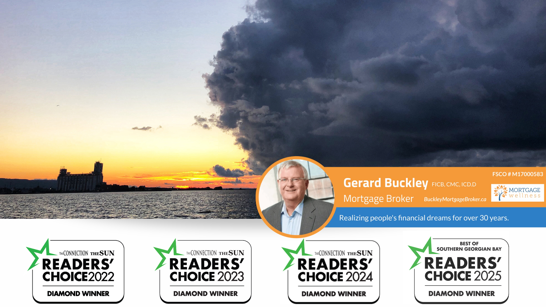 A cloud approaches the collingwood terminals at sunset and underneath four years of readers choice awards are displayed