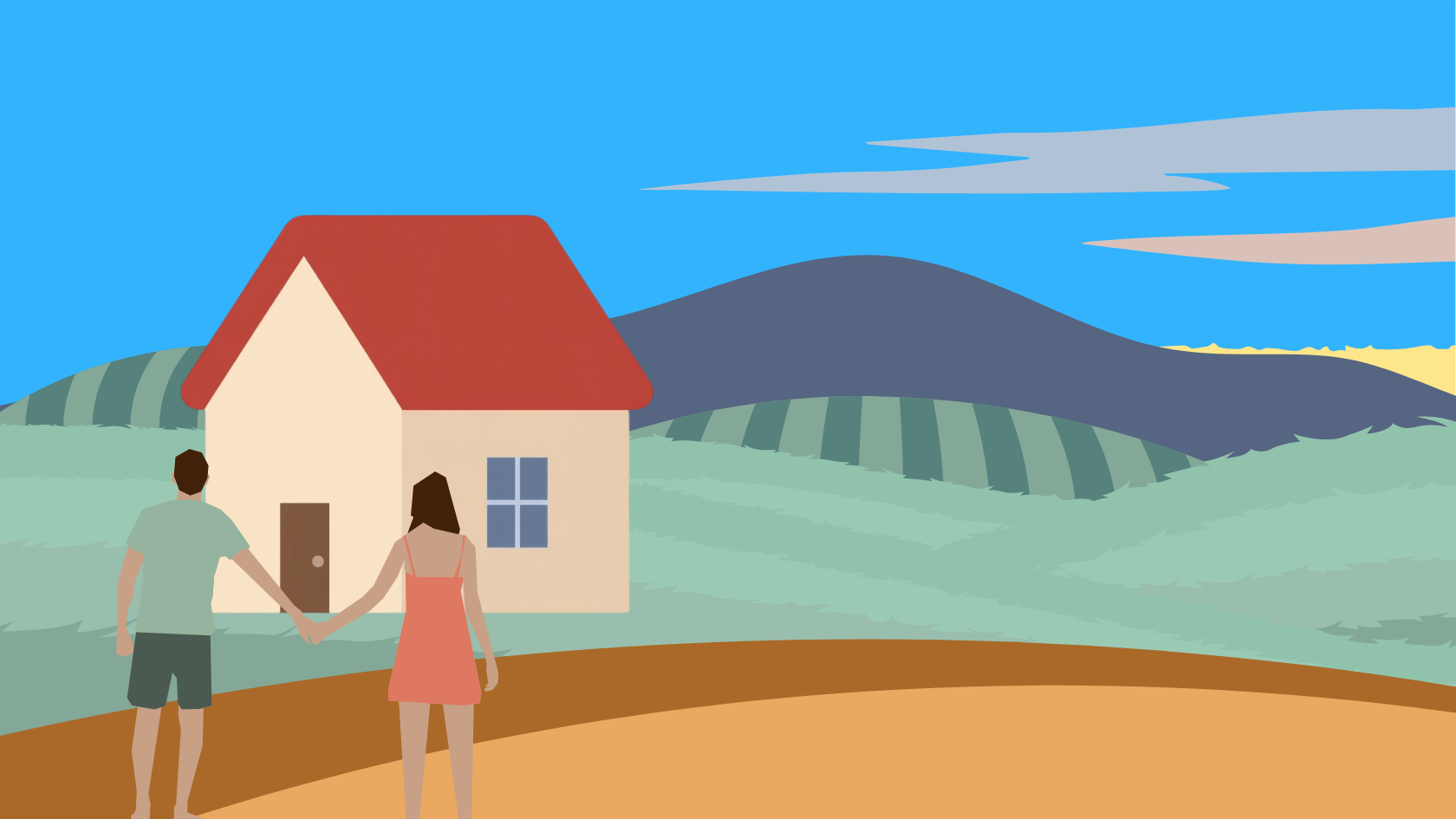 first time buyers walking to house in blue mountain hand in hand